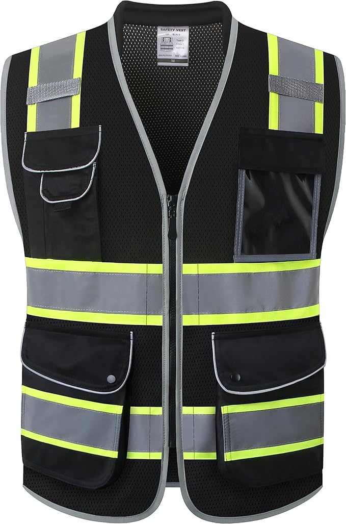 JKSafety 9 Pockets Hi-Vis Black Safety Vest for Men Women High Visibility Reflective Construction Mesh Fabric Cushioned Collar Work Utility PPE Work Gear ANSI/ISEA compliant (101-Black M)