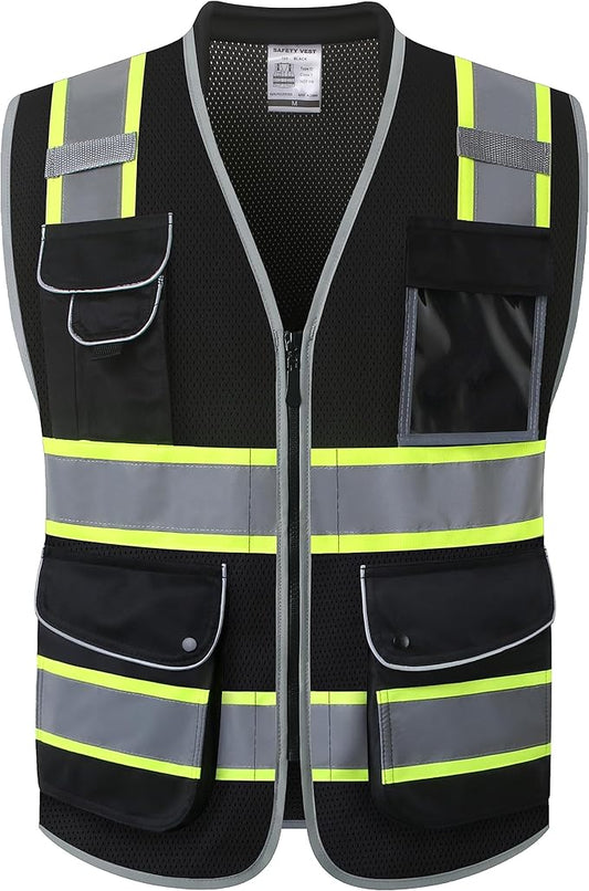 JKSafety 9 Pockets Hi-Vis Black Safety Vest for Men Women High Visibility Reflective Construction Mesh Fabric Cushioned Collar Work Utility PPE Work Gear ANSI/ISEA compliant (101-Black 3XL)
