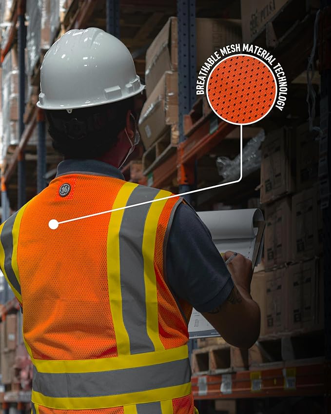 GE Multi-Functional Safety Vest Expandable 5-Point Breakaway High Visibility with Zipper Pockets, Class 2