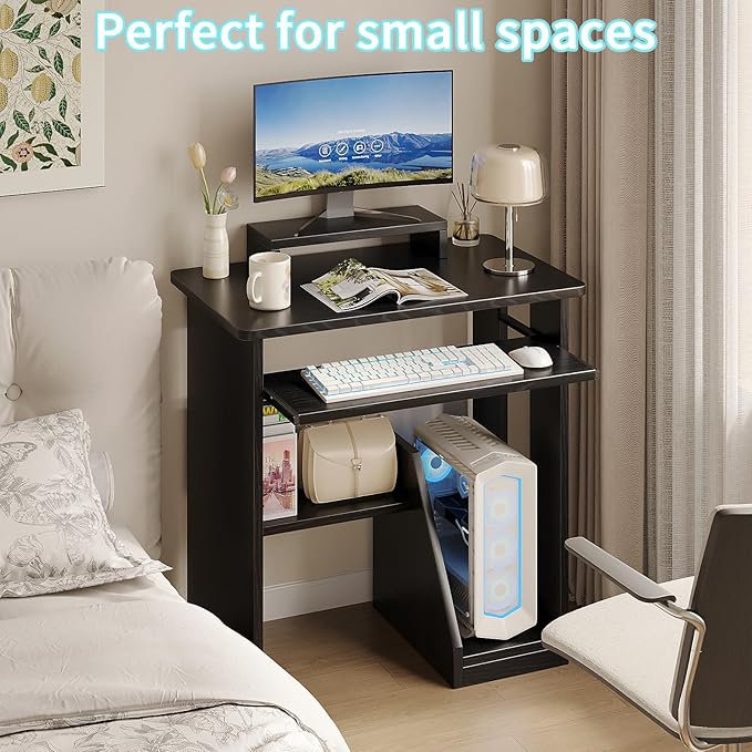 ALISENED 30" Small Computer Desk with Keyboard Tray Monitor Stand, Study Writing Desk with Storage Shelves, Modern Workstation for Small Spaces, Save Space, Black A