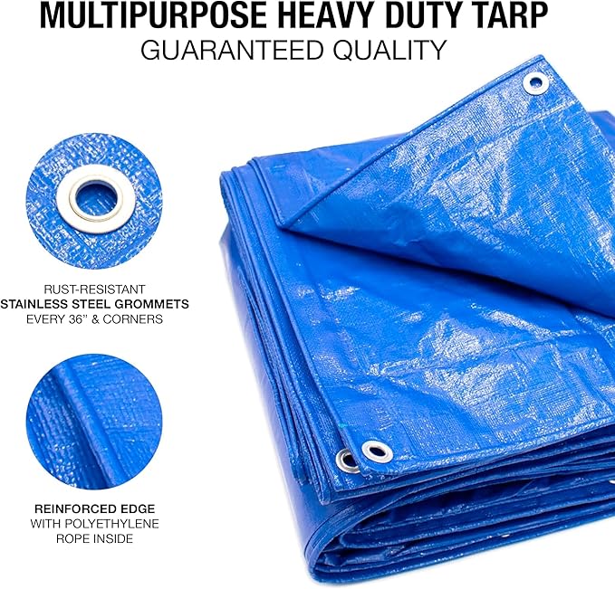14x30 Blue Waterproof Tarp – Heavy Duty 5 MIL Thick Outdoor Tarpaulin Cover - Multi Purpose Protection for Camping, Tent, Roof, Patio, Pool, Floor, Furniture, Boat, Truck Beds, Pack of 1