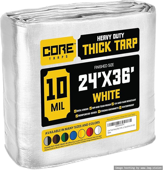 Core Tarps Heavy Duty 10 Mil Tarp Cover, Waterproof, UV Resistant, Rip and Tear Proof, Poly Tarpaulin with Reinforced Edges for Roof, Camping, Patio, Pool, Boat (White 24′ X 36′)
