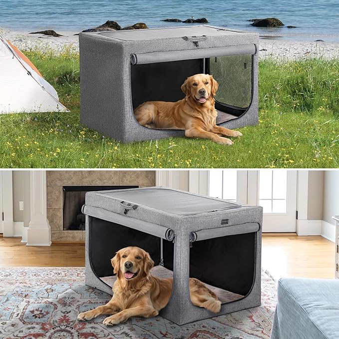 PETSFIT Collapsible Dog Crate, Soft Sided Dog Crate - 40 Inch Easy Set-up, Light, Sturdy, Comfy Inside with Thicken Mat, Portable Crate for Home and Travel Gray