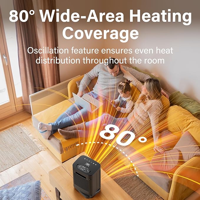 1500W PTC Space Heater Indoor with 80°Oscillation, Thermostat, 12h Timer, Fast Heat, Eco Mode, Remote, Small Quiet Safe Room Electric Heater, Portable Desk Heat for Office Bedroom Home