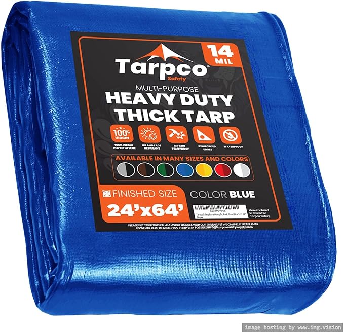 Tarpco Safety Extra Heavy Duty 14 Mil Tarp Cover, Waterproof, UV Resistant, Rip and Tear Proof, Poly Tarpaulin with Reinforced Edges for Roof, Camping, Patio, Pool, Boat (Blue 24′ X 64′)