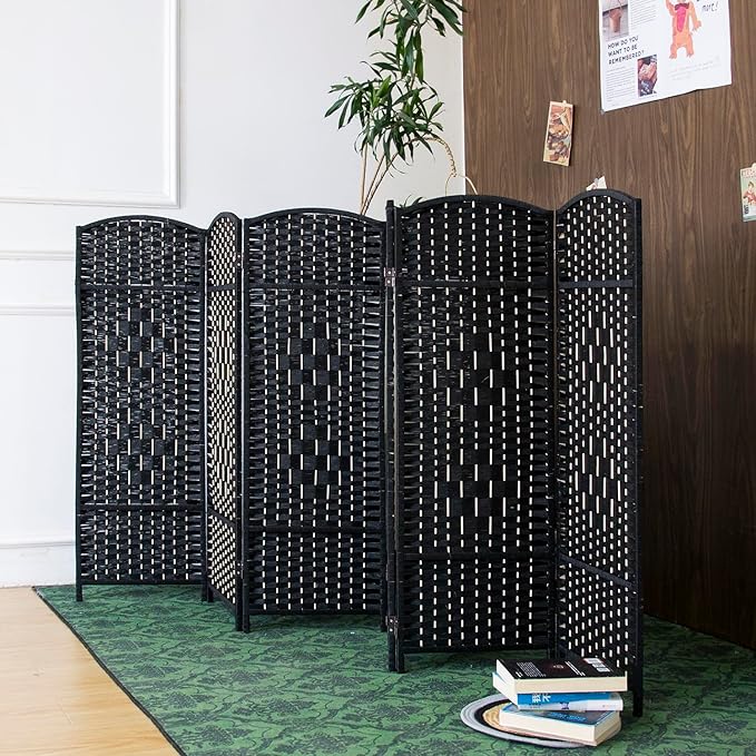 6 Panel Rattan Divider Short Room Partition Screen,Double Sided Folding Divider for Room Separation,Black,47.2" H x 94.5" W