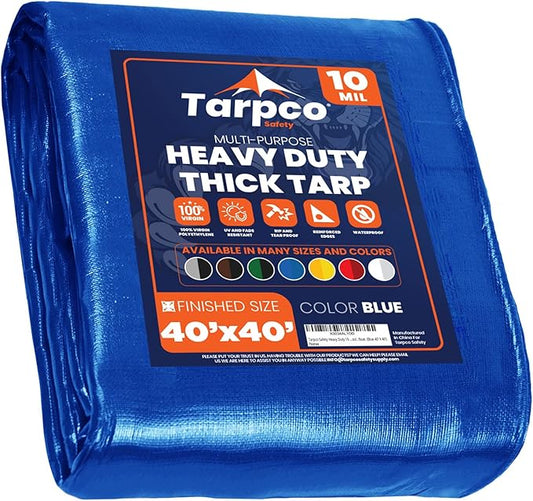 Tarpco Safety Heavy Duty 10 Mil Tarp Cover, Waterproof, UV Resistant, Rip and Tear Proof, Poly Tarpaulin with Reinforced Edges for Camping, Roof, Patio, Pool, Boat. (Blue 40′ X 40′)