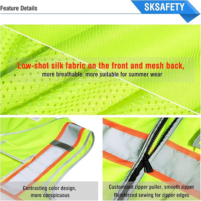 SKSAFETY 10 Pockets Safety Vest, Class 2 High Visibility Security with Zipper Back Mesh, Hi Vis Vest with Reflective Strips, ANSI/ISEA Standard, Construction Work Vest for Men ＆ Women （Lime, 4XL）