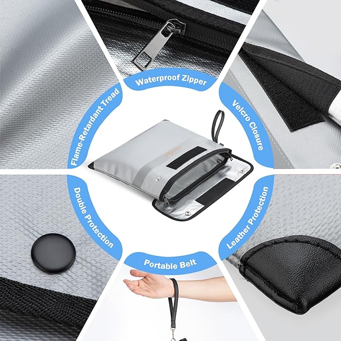 Fireproof Document Bag - 6200°F Heat Insulated, Small Important Document Bags with Zipper, Water Resistant Money Bag for Cash, Cell Phone, Tablet, Credit Card,Passport (13.9"x10.6", Grey)