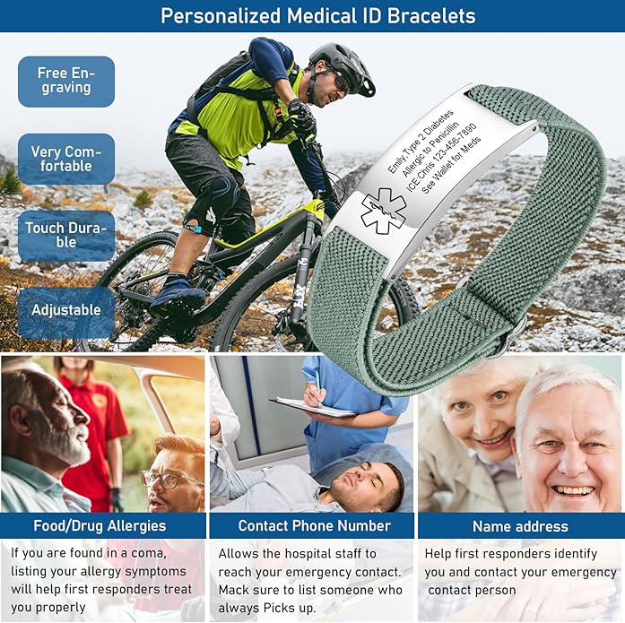 VNOX Medical Alert Bracelets for Men & Women Kids with Free Engraving Adjustable Stainless Steel Mesh Emergency Medical ID Bracelets Wristband