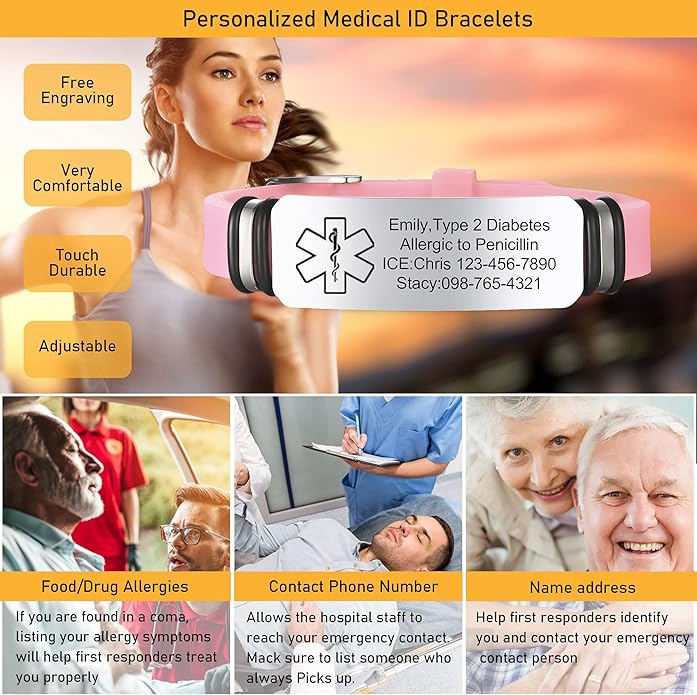 VNOX Medical Alert Bracelets for Men & Women Kids with Free Engraving Adjustable Stainless Steel Mesh Emergency Medical ID Bracelets Wristband