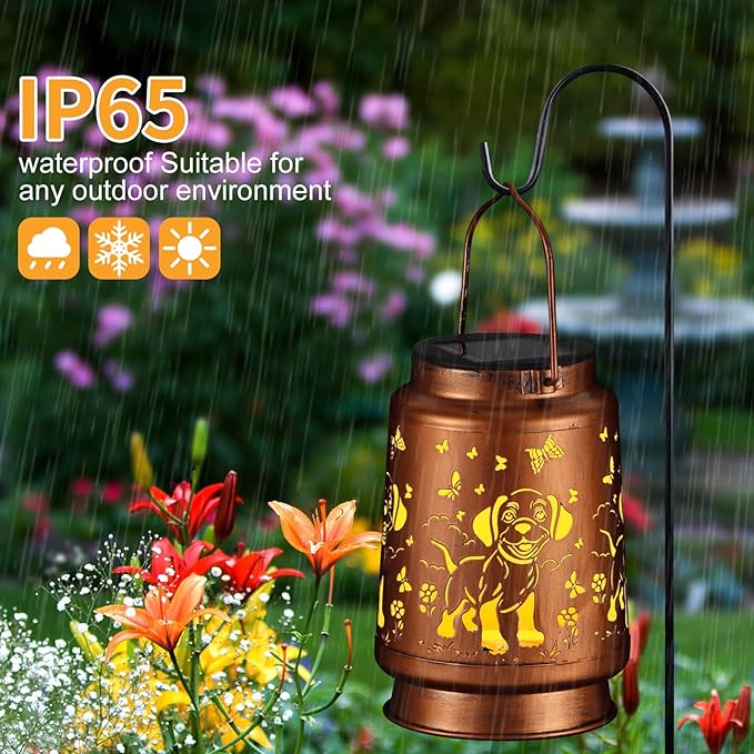 Solar Lantern Outdoor Hanging Waterproof Outside Metal Openwork Hummingbird Pattern Birthday Gifts for Women Mom Landscape Lights for Porch Garden Yard Patio Pathway Decor(Dogs and Butterflies)