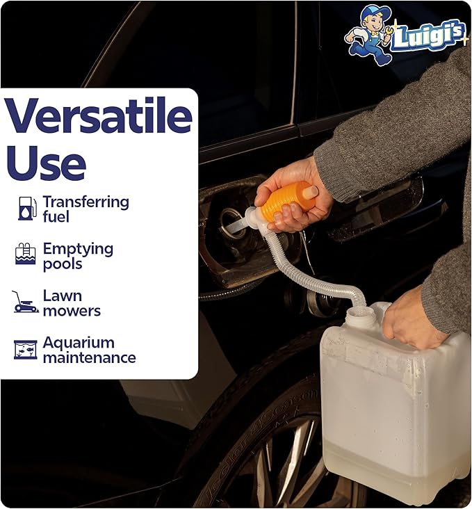 Luigi's Siphon Pump - Siphon Hose for Water & Gasoline Fuel Transfer - Large Hand Water Pump for Squeezing Gas Lawn Mowers & Manual Pumping Petrol Liquid Syphon Alcohol and more