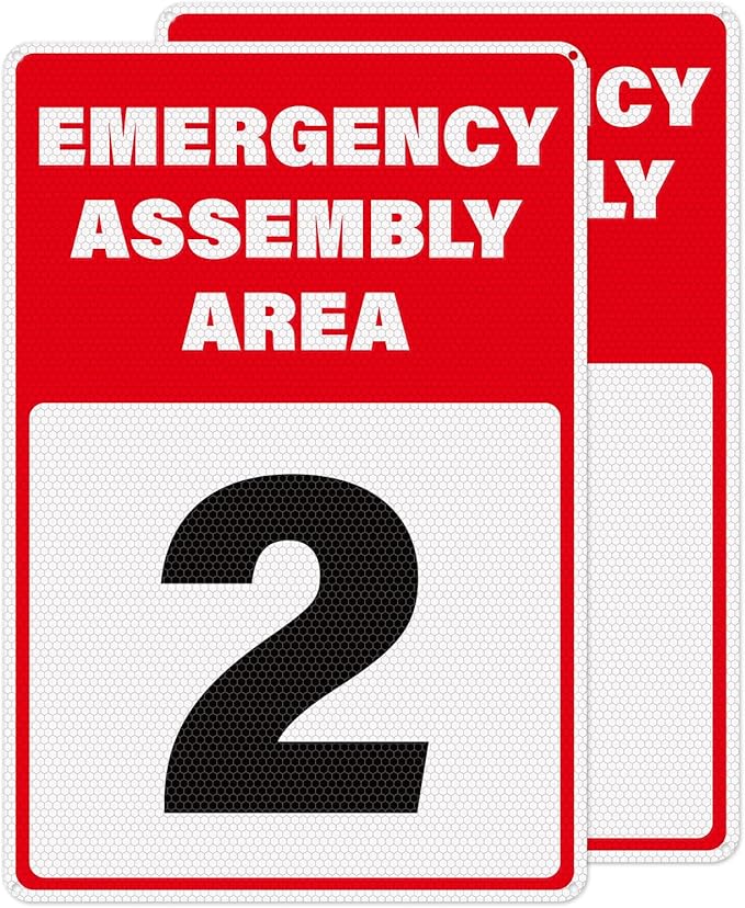2 Pack Emergency Assembly Area 2 Sign 18 × 12 Inches Aluminum Metal Reflective Safety Signage with Pre-Drilled Holes for Business Construction Site Warehouse
