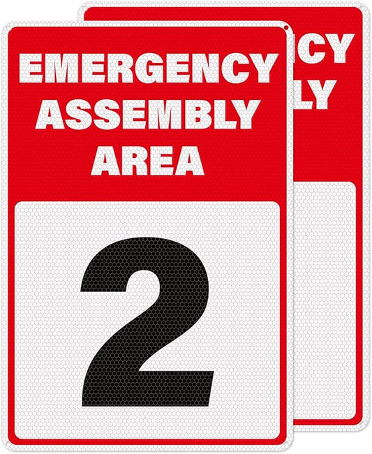 2 Pack Emergency Assembly Area 2 Sign 18 × 12 Inches Aluminum Metal Reflective Safety Signage with Pre-Drilled Holes for Business Construction Site Warehouse