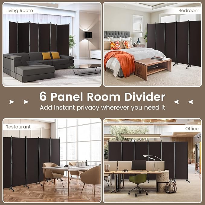 Giantex 6 Panel Room Divider, 132''W x 68''H Large Folding Privacy Screen, Rolling Partition Room Dividers for Home Office Studio Separation, Freestanding Fabric Wall Divider Screen on Wheels, Brown