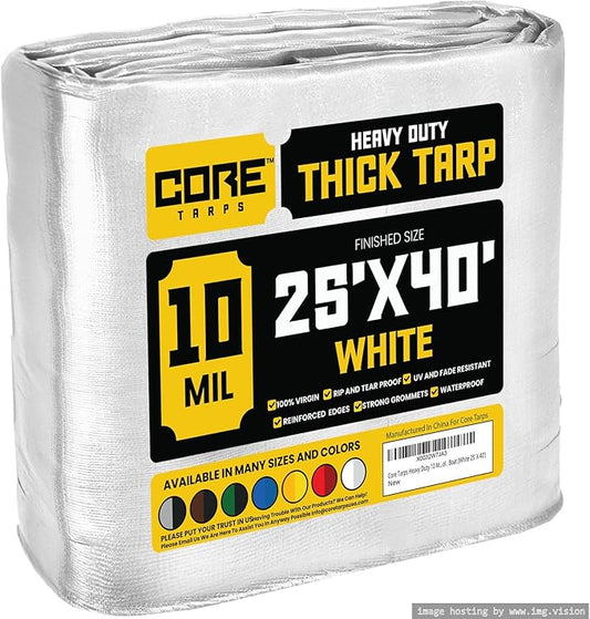 Core Tarps Heavy Duty 10 Mil Tarp Cover, Waterproof, UV Resistant, Rip and Tear Proof, Poly Tarpaulin with Reinforced Edges for Roof, Camping, Patio, Pool, Boat (White 25′ X 40′)