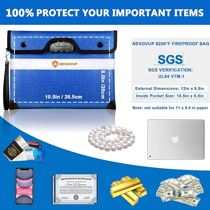 6200F Fireproof Bag with Lock, A5 Document & Cash Protection, 9 Layers Heat Insulated, Reflective Strip, 360 Fire Resistant, Water Resistant Zipper & Lock, PLUS 4200F Fire Bag for Cash