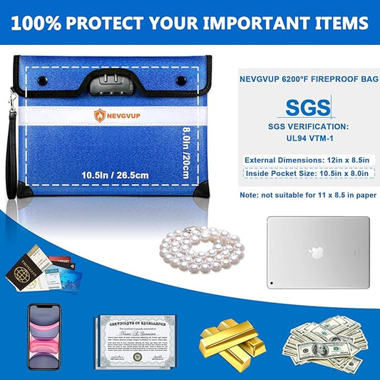 6200F Fireproof Bag with Lock, A5 Document & Cash Protection, 9 Layers Heat Insulated, Reflective Strip, 360 Fire Resistant, Water Resistant Zipper & Lock, PLUS 4200F Fire Bag for Cash
