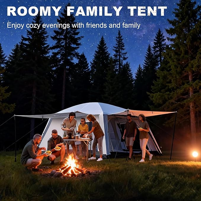 8-10 Person Camping Tent, Large Family Cabin Tents with Porch & Rainfly, Double Layer Waterproof Glamping Tent with 2 Rooms 3 Doors, Portable Big Tents for Outdoor Camping Hiking Party