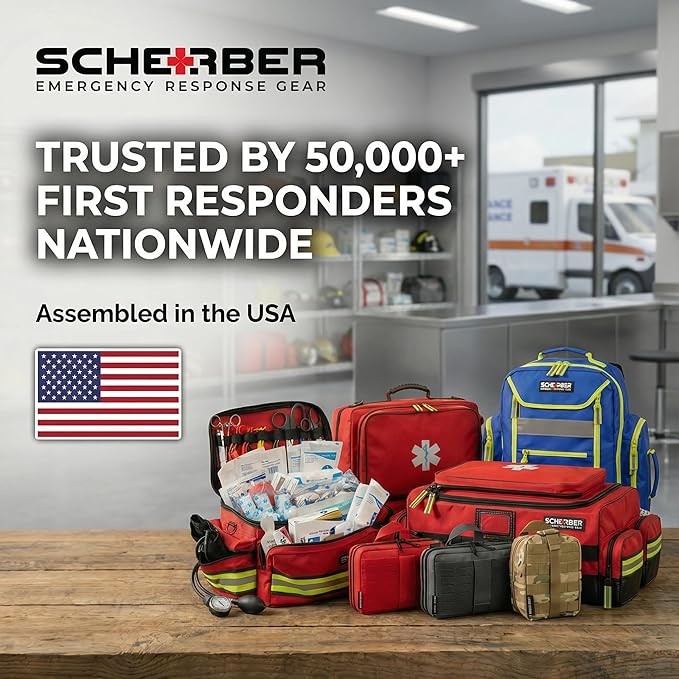 Scherber Fully-Stocked First Responder Professional Advanced EMT/EMS Trauma Kit | HSA/FSA Approved | Reflective Bag w/10+ Compartments, Zippered Pockets & 250+ First Aid Supplies (Blue)