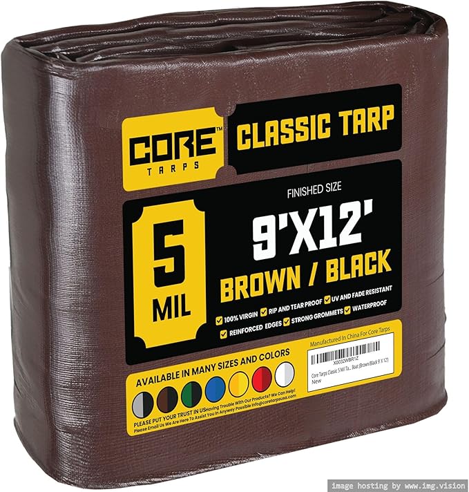 Core Tarps Classic 5 Mil Tarp Cover, Waterproof, UV Resistant, Rip and Tear Proof, Poly Tarpaulin with Reinforced Edges for Roof, Camping, Patio, Pool Cover, Boat (Brown/Black 9′ X 12′)