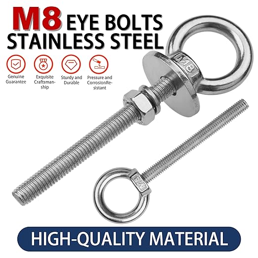 4 Pack M8 Stainless Steel Eye Bolts with Nuts, 5/16" x 3" Long Lifting Ring Eye Bolt， Eye Bolts Heavy Duty for Hang Tie Down Outdoor (4, M8x77mm (5/16"x3"))