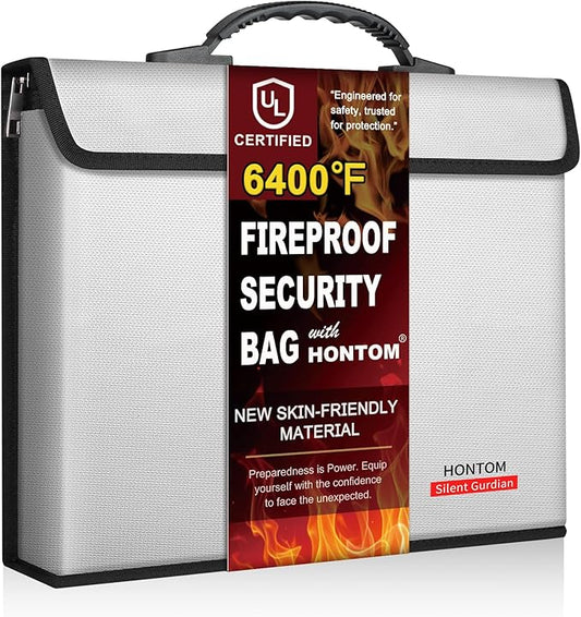 Hontom Fireproof Document Bag with 2 Pockets, 6400℉ Upgraded Material Fireproof Money Bag with Lid, Travel Home Fire Safe Storage Cash Pouch for Important Documents, Silver