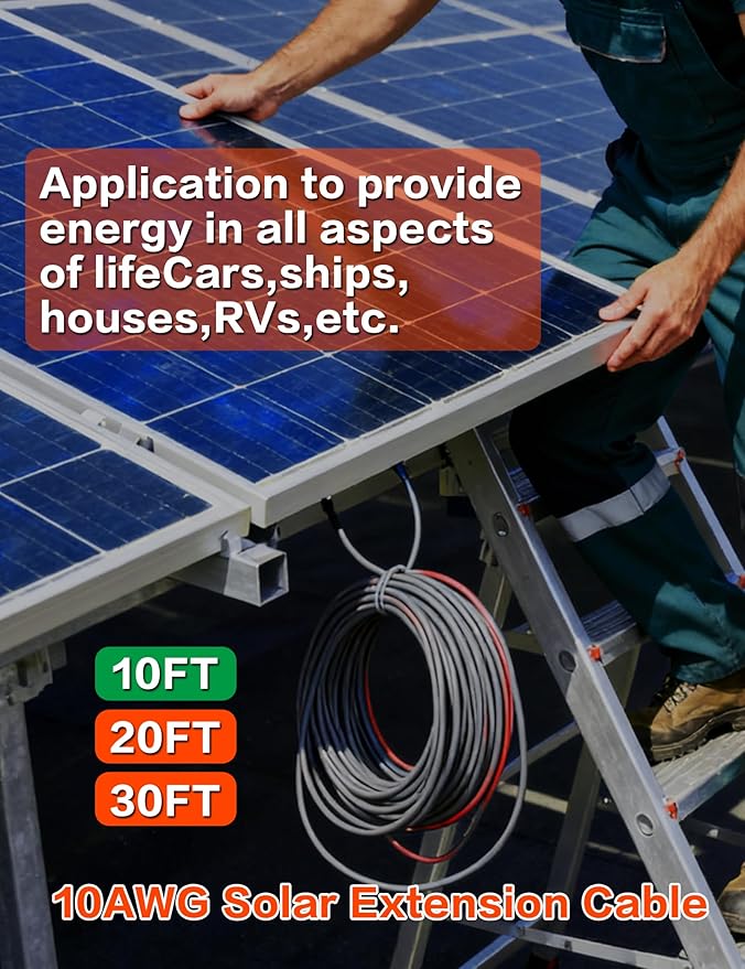 10Feet 10AWG Solar Extension Cable with Female & Male Connectors 6mm Solar Panel Weatherproof Wires for Solar Panels RV Marine Camper Ferry Black & Red PV Tinned Copper Extension Cord Kit