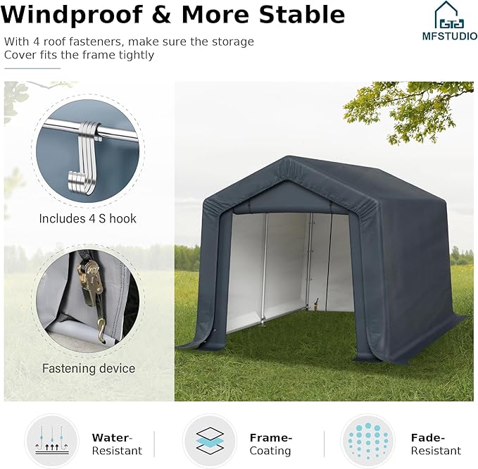 MFSTUDIO 8x12 Storage Sheds, Outdoor Shades Portable Storage Shelter Garage with Rolled up Zipper Doors, Heavy Duty Garages Carport Tent for Motorcycle, Bicycles and Outdoor Tools