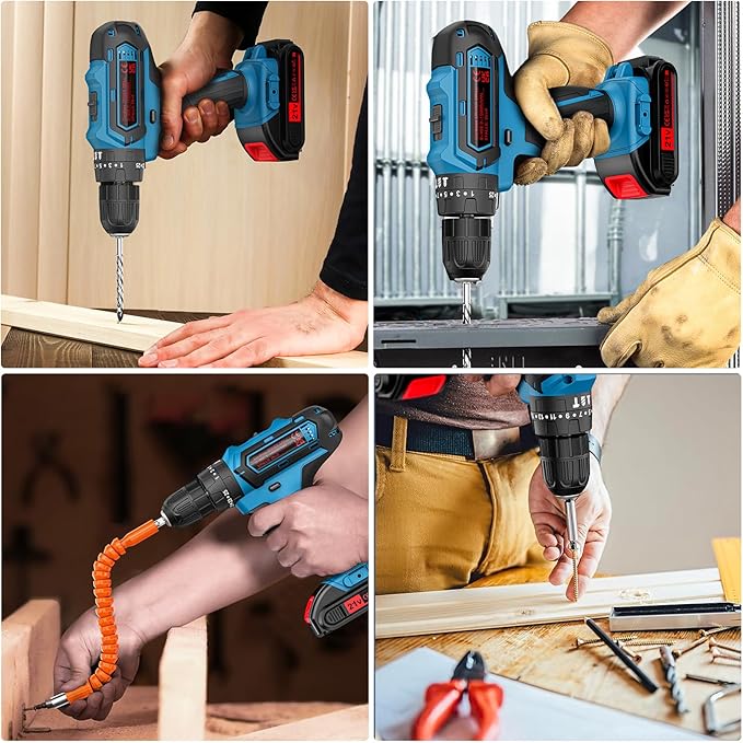 Cordless Drill Set, 21V Power Drill with 2 Batteries and Charger, 25+3 Torque Setting Electric Drill with 26 Acessories, Built-in 3/8'' Keyless Chuck, LED Light, Max 398 in/lb Electric Screwdriver