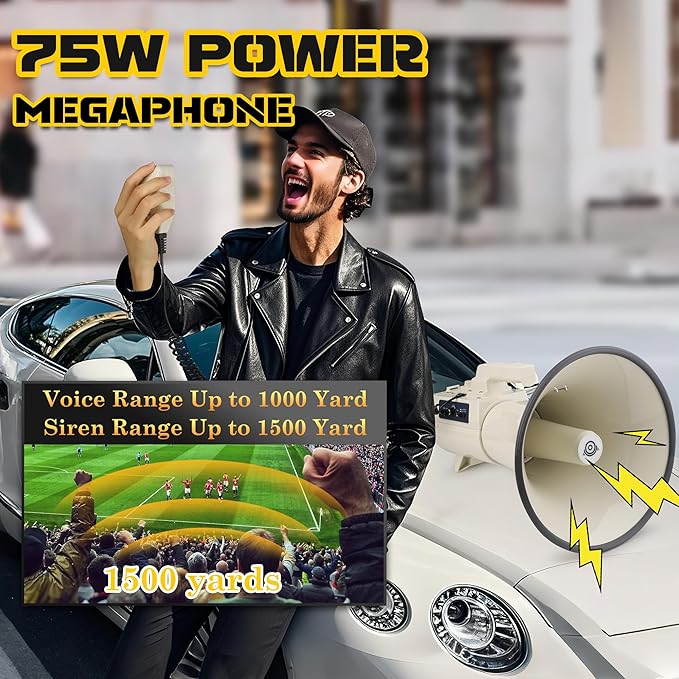 My Mealivos75W 2000 Professional Yard Sound Range Heavy PA Bullhorn Megaphone Speaker, Adjustable Volume, Loud Hand Held Megaphone, Outdoor Activities, Coaching, Football, Baseball, Hockey…