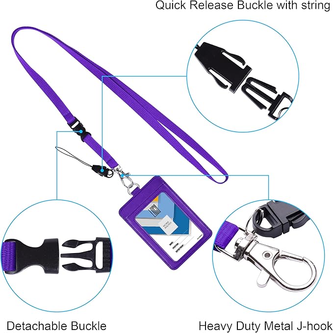 Badge Holder, Wisdompro School Supply 2-Sided PU Leather College ID Badge Card Holder Wallet Case with 1 Clear ID Window and 1 Credit Card Slot and 22 Inch Detachable Neck Lanyard - Purple (Vertical)
