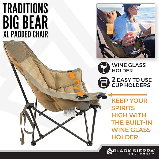 Black Sierra Deluxe Padded Camping Chair for Sports & Outdoors, Oversize XL Outdoor Folding Chair Supports 400 lbs, Heavy Duty Seat w/Dual Cup Holders/Carry Bag Perfect for RV, Tailgating, Glamping