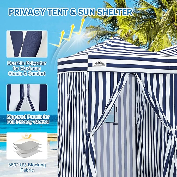 EAGLE PEAK Outdoor Changing Room 8x4, 2 Room Pop Up Portable Changing Room, Sun Shelter, Pop Up Changing Tent for Beach or Pool,Portable Dressing Room for Photoshoots (White/Blue)