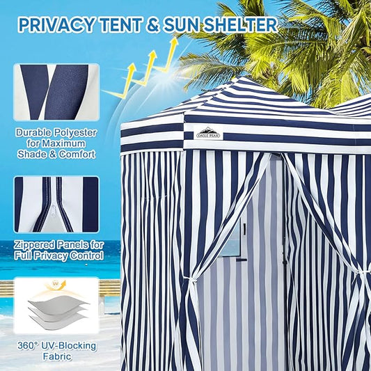 EAGLE PEAK Outdoor Changing Room 8x4, 2 Room Pop Up Portable Changing Room, Sun Shelter, Pop Up Changing Tent for Beach or Pool,Portable Dressing Room for Photoshoots (White/Blue)