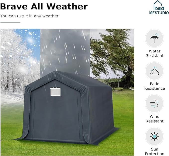 MFSTUDIO 8x12 Storage Sheds, Outdoor Shades Portable Storage Shelter Garage with Rolled up Zipper Doors, Heavy Duty Garages Carport Tent for Motorcycle, Bicycles and Outdoor Tools