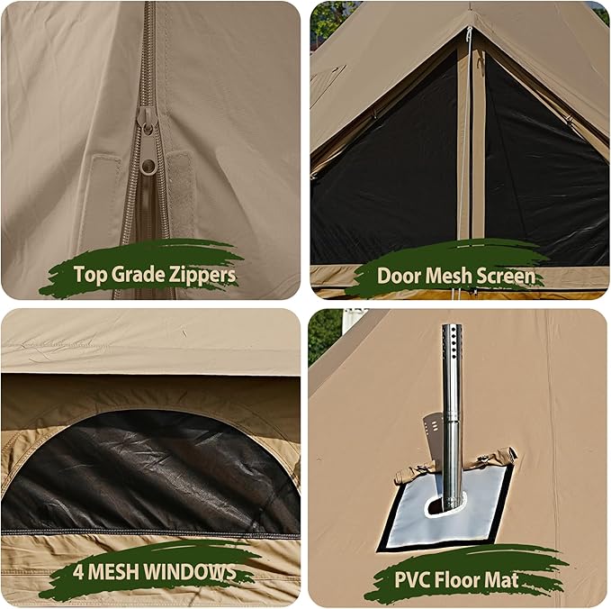 Cotton Canvas Bell Tent, Waterproof Large Tents with Sturdy Center & Door Pole and Space for 4/6/8 Person All 4 Season Camping Yurt Tent