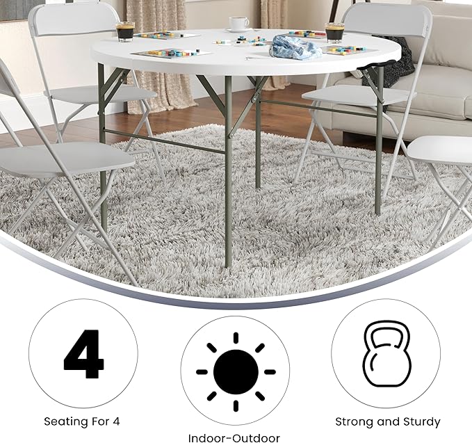 Flash Furniture Freeman 4' Round Plastic Folding Table with Carrying Handle, Plastic Foldable Table for Indoor/Outdoor Events, White