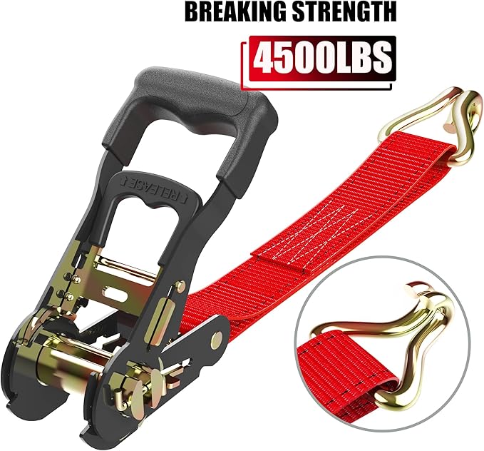 Ratchet Straps (4PK) - 4500lbs Breaking Strength 1.5''×15' Heavy Duty Tie Down Straps with Padded Handles, Double J Hooks & Soft Loops for Moving Motorcycle, Trailer & Trucks (Red)