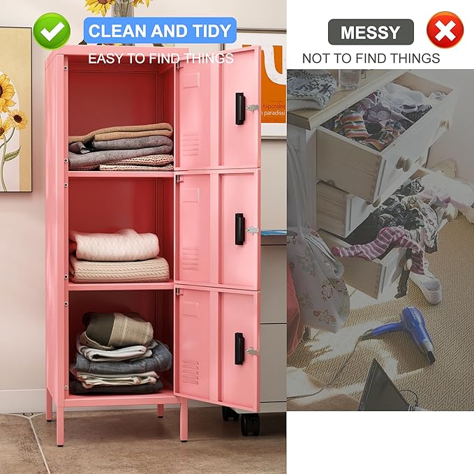 METAN Metal Storage Employees Locker with 3 Lockable Doors,47''H*16''W*16''D Locking Storage Cabinets for Small Spaces,Home,School,Gym,Assembly Required,Pink