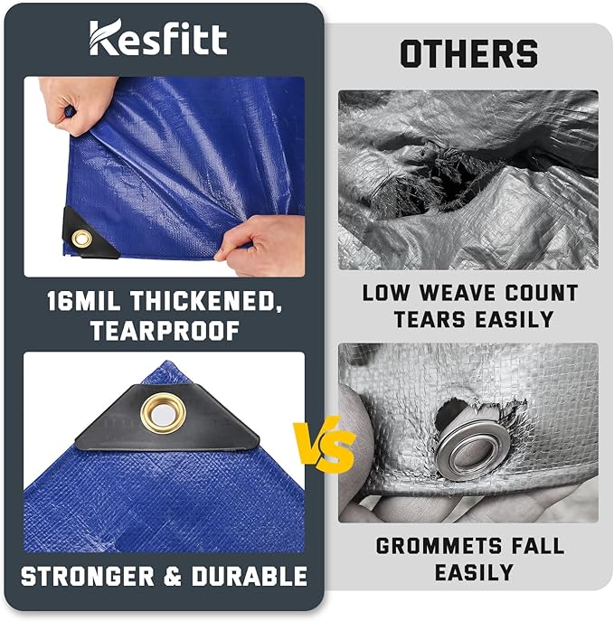 Kesfitt Tarp Heavy Duty Waterproof 12x20FT,16 Mil Thick Tarps Tear&Fade Resistant,UV Resistant,Poly Tarp Cover with Grommets and Reinforced Edges for Outdoor Camping Pools Boat Car(Blue/Brown)