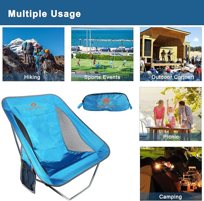 Ultralight Folding Camping Chair Low Lightweight Foldable Camp Chairs with Carry Bag for Hiking, Backpacking, Picnic, Outdoor Concert, Sports Events, Beach