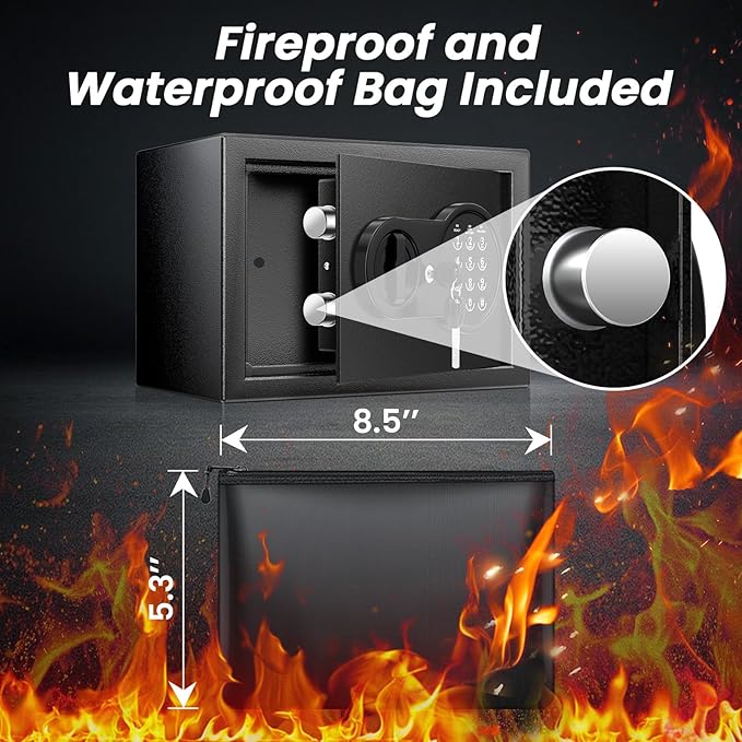 0.5 Cu ft Small Safe Box with Fireproof Waterproof Bag, Home Safe with Keys & Pass Code & Wall Mount Kits, Money Safe with Smart Alert System for Money, Jewelry, and Documents, 12.1''W×7.8''D×7.8''H