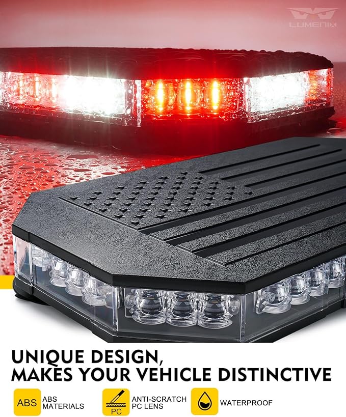 LUMENIX Rooftop Strobe Beacon Lights White Red LED Emergency Warning Caution Flashing Traffic Light Bar for POV Firefighter Ambulance Vehicles Fire Trucks, American Flag Pattern | Patented Design