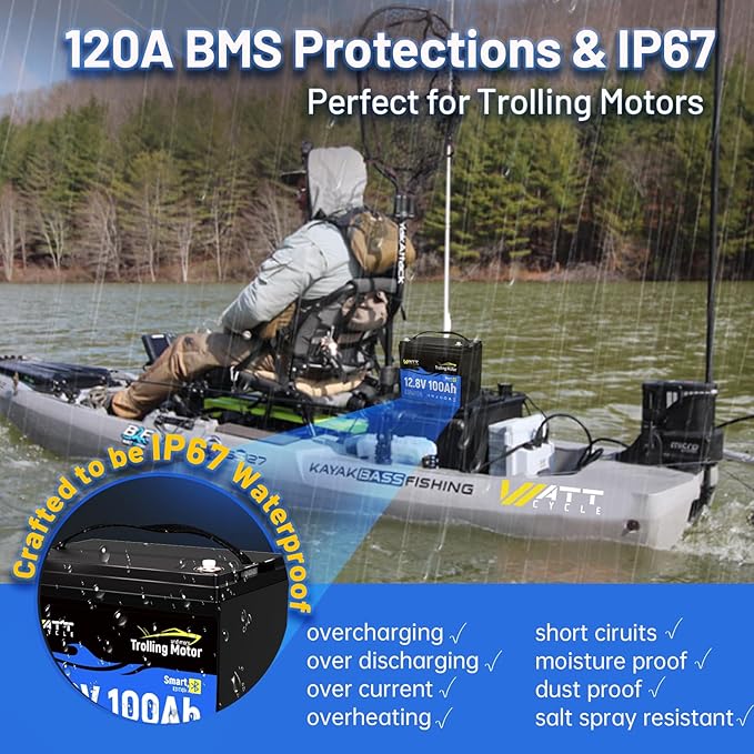WattCycle 12V 100Ah Lithium Battery, LiFePO4 Battery 12V 120A BMS, IP67 Marine Batteries for Trolling Motor, Built-in Bluetooth, Monitor, Mobile APP, Perfect for Boat, Marine, RV, Home Energy, Solar
