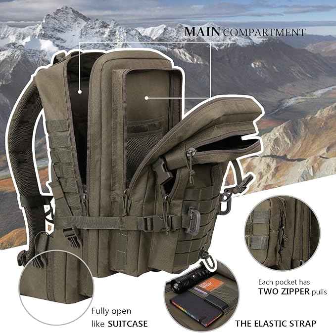 MOLLE Assault Backpack, Tactical Backpack Military Army Camping Rucksack, 3-Day Pack Trip w/USA Flag Patch, D-Rings, Olive