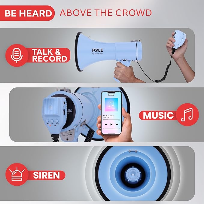 Pyle 50W Megaphone Bullhorn - Portable, Automatic Siren & Adjustable Volume, Projection Range Up to 1200 Square Yards, Aux Input, Talk, Siren, Music, Whistle, & Record, Shoulder Strap (Black)