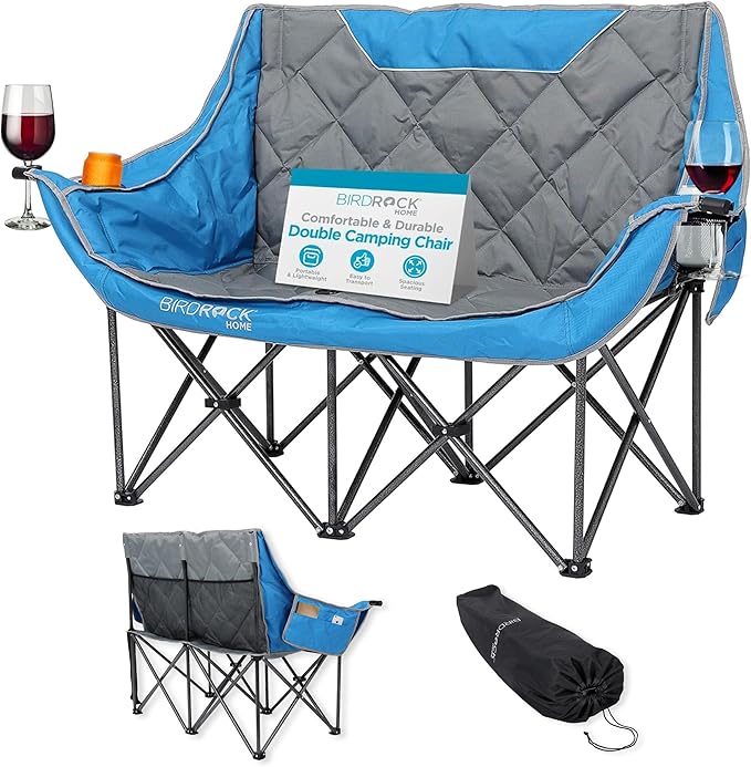 BIRDROCK HOME Double Camping Chair - Double Wine & Cup Holders - Blue & Grey, Durable Padded Fabric, Sturdy Frame, 650 lb Cap. Storage, Spacious Camping Sofa, Loveseat for The Beach, Sports, Outdoors