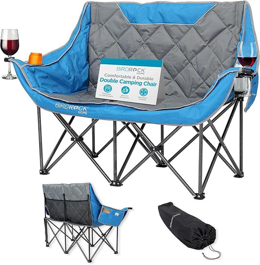 BIRDROCK HOME Double Camping Chair - Double Wine & Cup Holders - Blue & Grey, Durable Padded Fabric, Sturdy Frame, 650 lb Cap. Storage, Spacious Camping Sofa, Loveseat for The Beach, Sports, Outdoors